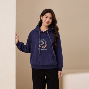 女装 纤莉秀大码 文艺复古上衣胖mm冬新款 加绒重工刺绣连帽卫衣