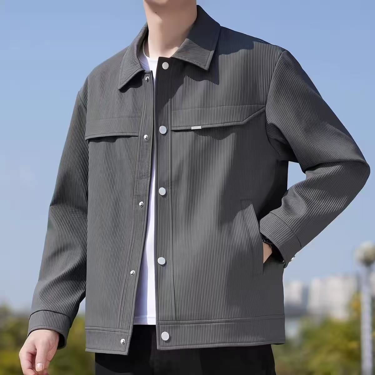 男士外套春秋冬灯芯绒翻领夹克行政年轻人爸爸装衬衫中青年茄克