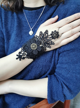 2026新款小众女蕾丝花朵手腕带朋克齿轮蒸汽手链环套黑色