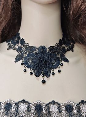 2025新款蕾丝领子精致颈带锁骨遮盖脖带暗扣颈链黑色珍珠项链