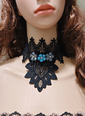2025新款蕾丝花朵颈带颈圈黑色蓝色花朵颈带链女加宽加大