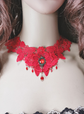 新款精美蕾丝颈链领子四季白粉黑色珍珠花朵项链遮盖锁骨脖带女