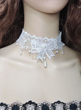 新款欧美风颈带锁骨链珍珠蝴蝶结超仙脖带白色