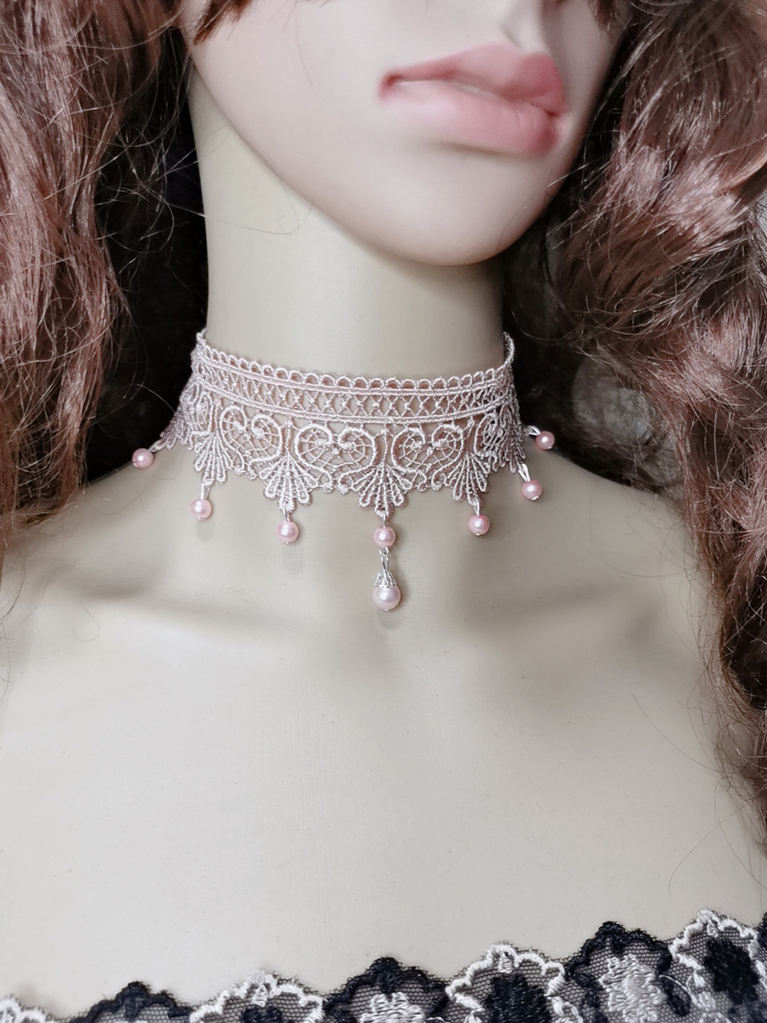 欧美风时尚接头摄影礼服婚纱配粉色珍珠颈链短款项链锁骨脖带