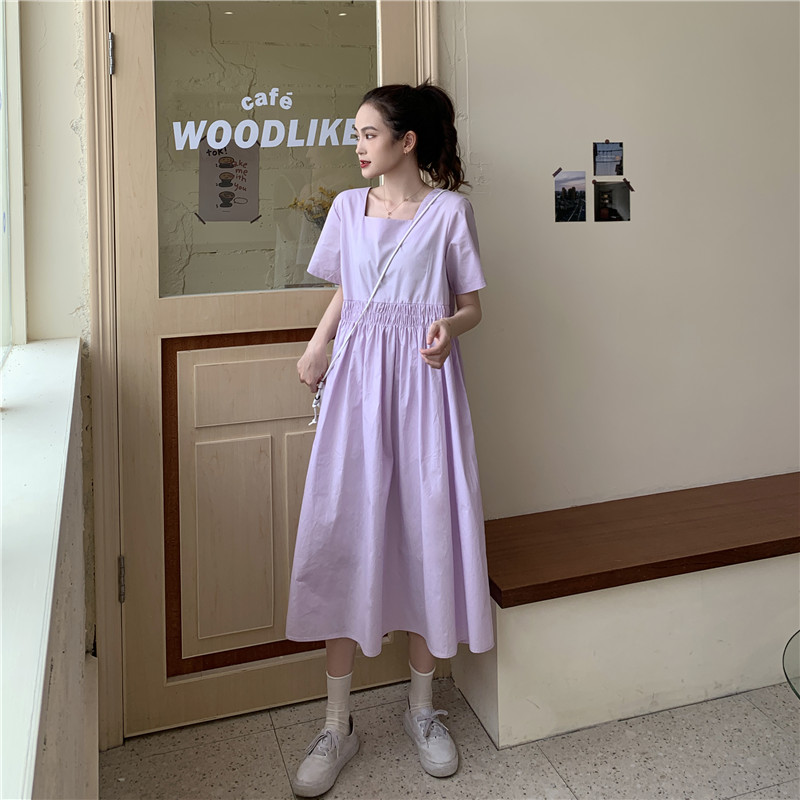 Real price ~ Korean loose and versatile girl's bow mid long age reducing short sleeve dress