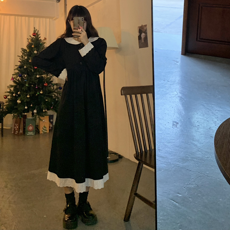 Real price ~ New Hepburn style shows thin temperament, lace splicing medium length dress