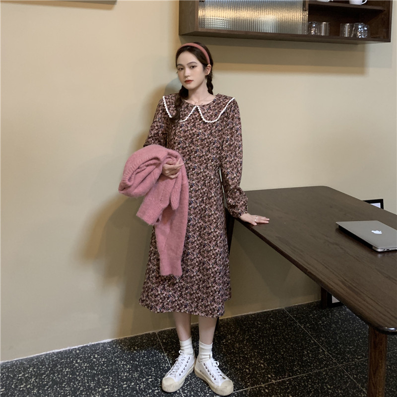 Real shot real price ~ Korean lazy style casual knitted cardigan + baby collar floral bottom dress