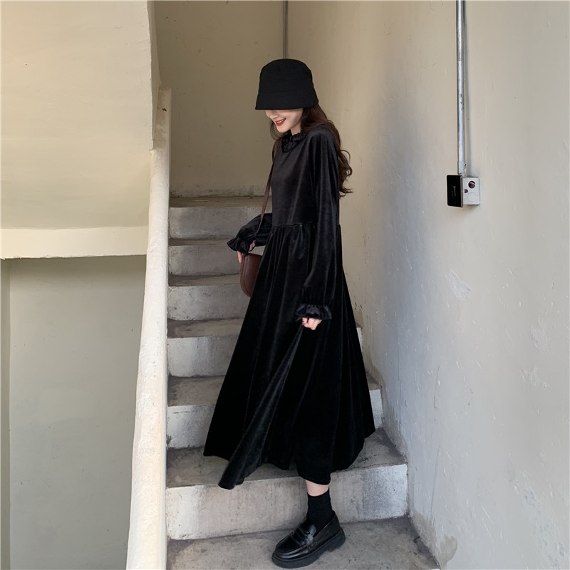 Real shot real price ~ Korean Hepburn style loose solid color velvet high waist slim dress