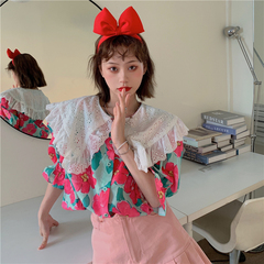 Real price ~ Korean version western style age reduction sweet big Lapel doll flower loose shirt top