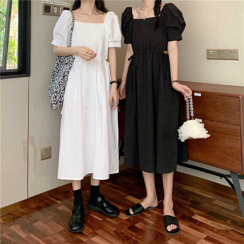 Real shot real price ~ Korean French square neck care machine backless pure color princess sleeve new dress