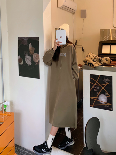 Real price ~ autumn and winter Plush thickened hooded knee length sweater medium long lazy loose dress