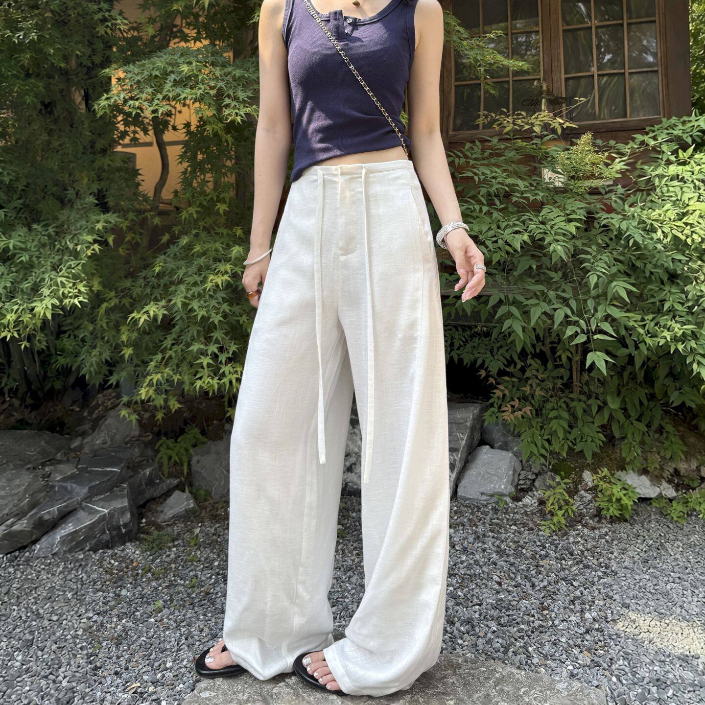 白色天丝亚麻阔腿裤女夏薄款人字纹透气棉麻休闲裤老钱垂感直筒裤