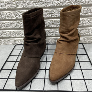 断码 内增高尖头短靴西部牛仔靴 处理磨砂真皮平底堆堆靴女秋冬新款