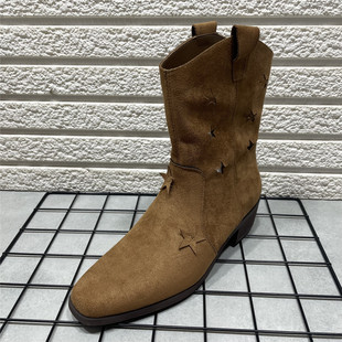 断码 粗跟辣妹短靴女 处理复古西部牛仔靴镂空五角星小方头秋冬新款