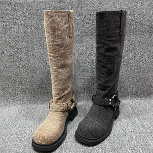 清仓处理欧美风西部牛仔靴金属皮带扣长筒靴女粗跟高筒靴骑士靴女