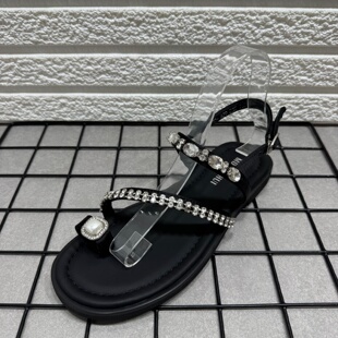 断码处理仙女风水钻珍珠套趾凉鞋女夏款夹趾平底一字带沙滩罗马鞋