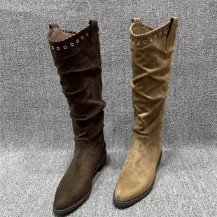 靴子 套筒女靴铆钉高筒粗跟小码 断码 处理长筒西部牛仔靴女秋冬新款