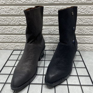 断码 尖头中筒粗跟翻折两穿骑士靴女 处理复古西部牛仔靴女秋冬新款