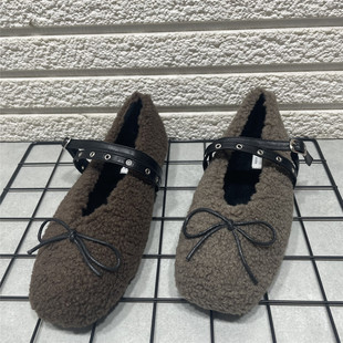 保暖毛毛鞋 女甜酷风金属扣带平底加绒单鞋 处理羊羔毛玛丽珍鞋 断码