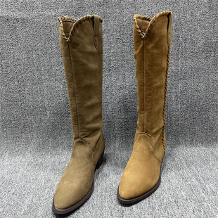 断码 粗跟显瘦西部靴女 处理欧货复古风真皮尖头高筒长靴女2025新款
