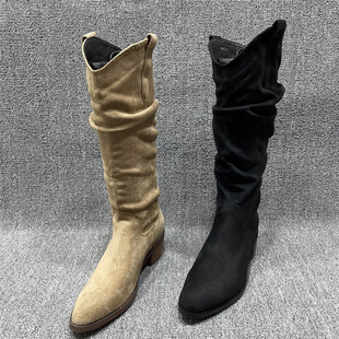 百搭时装 时尚 靴堆堆靴长筒靴女 处理粗跟西部牛仔靴女秋冬新款 断码