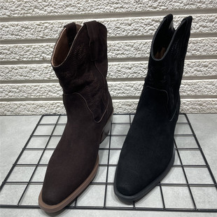 真皮短靴 粗跟高跟尖头刺绣西部牛仔靴子女秋新款 断码 处理复古美式