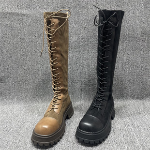 断码 小个子厚底粗跟骑士靴瘦瘦靴 处理系带弹力长筒靴子女秋冬新款