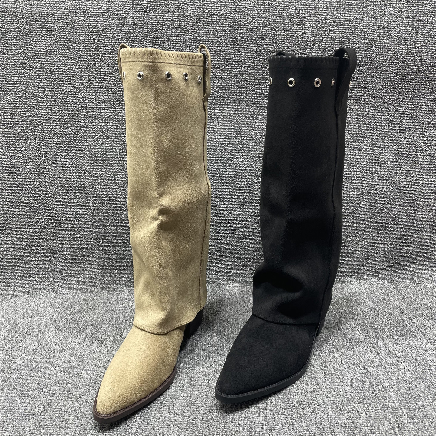 复古尖头可拆卸两穿高筒靴女