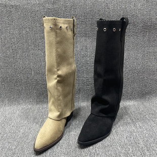 断码 西部牛仔靴粗跟长筒靴 处理复古尖头可拆卸两穿高筒靴女秋冬款