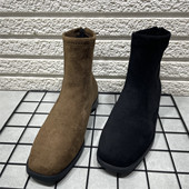 绒面时装 断码 靴 新款 瘦瘦靴子法式 处理复古方头短靴女鞋 加绒秋冬季