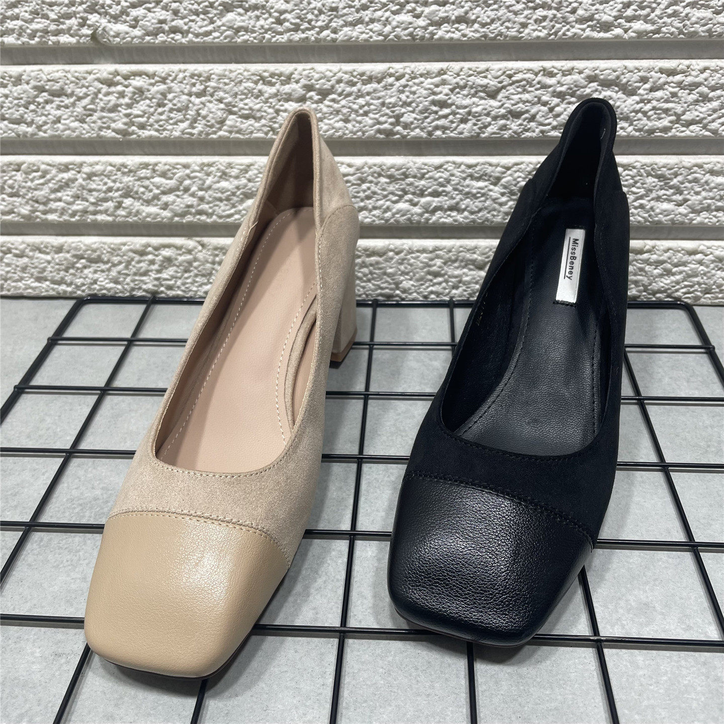 断码处理韩版简约拼接浅口方头高跟单鞋粗跟女鞋子通勤工作鞋春季