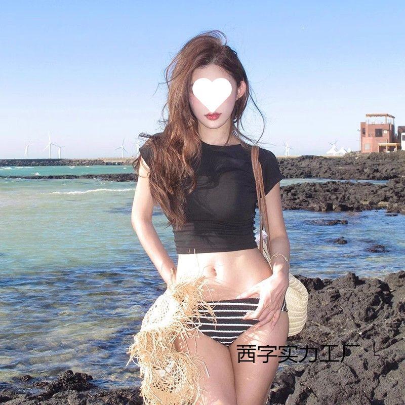 新款泳装绝美黑色条纹分体比基尼三件套性感海边度假风温泉泳衣女