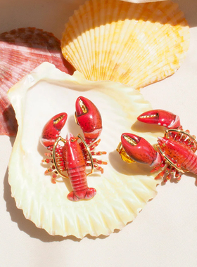 goodafternine泰国设计师红蓝色大龙虾开口珐琅戒指耳钉项链胸针