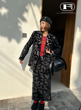 限量 柔雾感丝绒复古套装 小众氛围感丝绒浮雕PU花西装显瘦半身裙