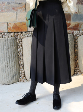 纯色百褶裙中长裙 黑色高腰半身裙