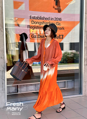 一眼心动～琉璃迷幻淡桔系法式连衣裙超仙显白高级感宽松显瘦长裙