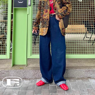 松弛感水洗牛仔裤原色复古拖地裤
