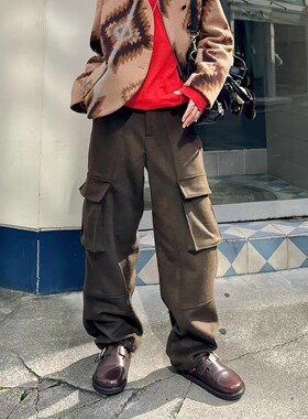 秋冬镇店神裤！按头推荐中古橄榄棕绿保暖羊毛工装裤高级感阔腿裤