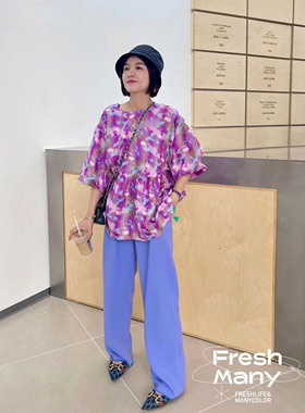 颜色Jue了～年度夏日水仙紫阔腿裤高腰显瘦显高盖脚面长裤直筒裤