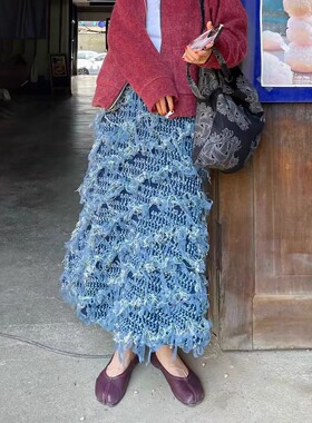 独家！嬉皮灵动时髦重工立体绣花流苏半裙高级小众高腰显瘦鱼尾裙