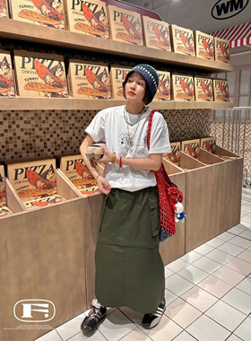 日系城市户外洋气橄榄绿直筒裙工装半身裙复古两穿显瘦百搭山系裙