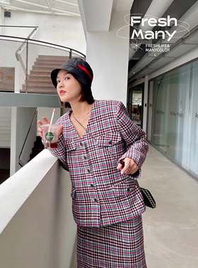 限量18套 日产英伦格纹羊毛套装 无限百搭西装外套+直筒开叉半裙