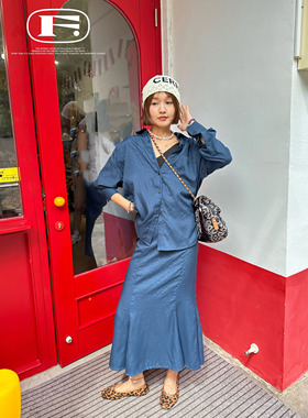 FreshMany 繁星点缀魅惑蓝～早秋小众设计感植绒宽松衬衫半裙套装