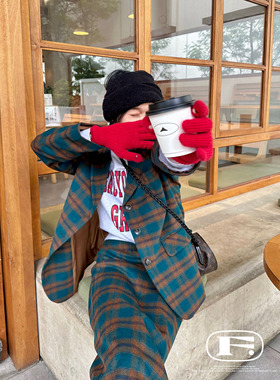 限量！春季新款落日余晖经典撞色套装 法式学院风格纹羊毛西装裙