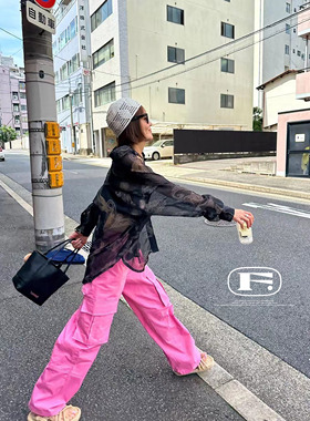 美式甜心芭比粉 可甜可咸高腰显瘦工装裤宽松慵懒阔腿裤降落伞裤