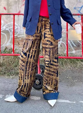 巴黎周末撞色法式艺术朦胧花小众高腰直筒牛仔裤子时髦休闲长裤