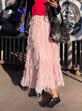 浪漫至上仙气珊瑚粉流苏半裙设计小众慵懒飘逸长裙百搭A字裙伞裙