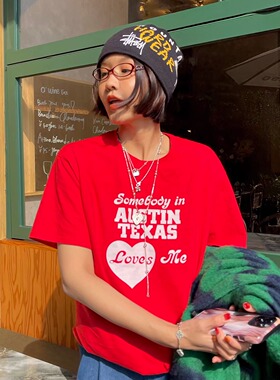 FreshMany万能选手！美式复古字母短袖T恤夏季慵懒百搭纯色上衣