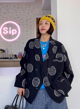 FreshMany波点迷宫法式休闲圆点亚麻西装外套时髦小众高级感西服