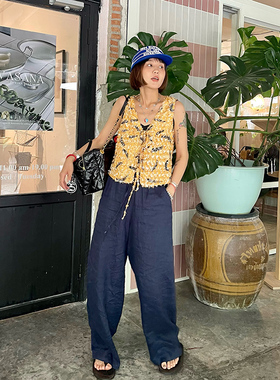 人手bi备藏蓝色老钱风亚麻阔腿裤懒人长裤慵懒松紧休闲裤子女春夏